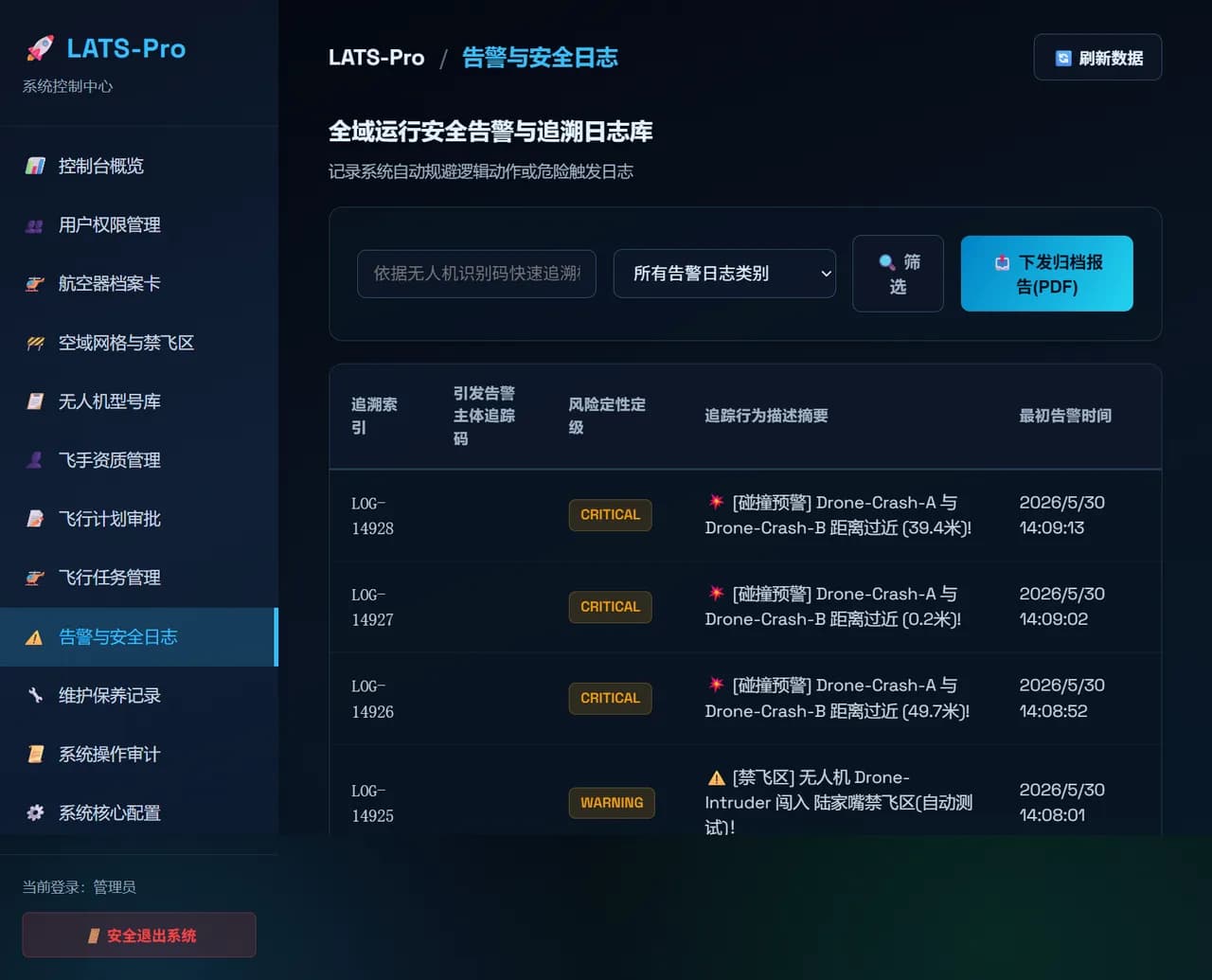 LATS-Pro 管理端告警与安全日志页面展示碰撞预警和禁飞区告警记录
